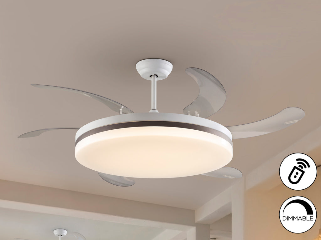 Ventilador de techo Vento Maxi blanco y bronce con aspas retráctiles, luz LED dimable, motor DC, diseño moderno ideal para salón, marca Schuller. Modelo 168434.