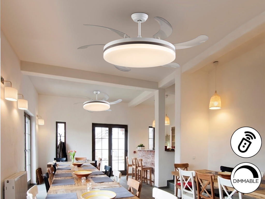Ventilador de techo Vento Maxi blanco y bronce de Schuller con aspas retráctiles, motor DC y luz LED dimable, ideal para salones modernos.