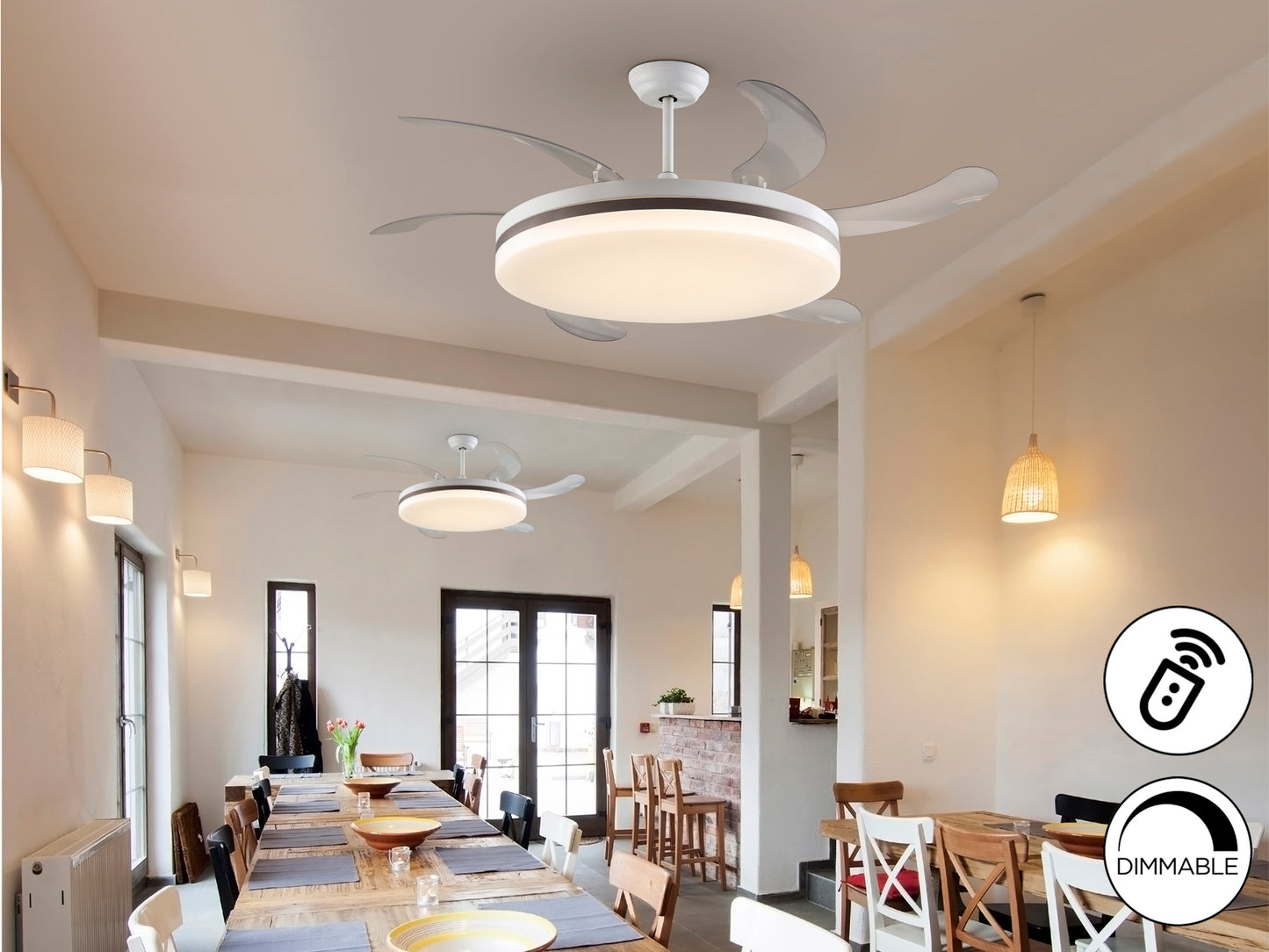 Ventilador de techo Vento Maxi blanco y bronce de Schuller con aspas retráctiles, motor DC y luz LED dimable, ideal para salones modernos.