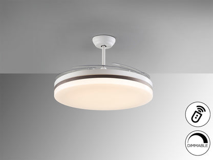 Ventilador de techo Vento Maxi blanco y bronce con aspas retráctiles, ideal para salón. Iluminación LED dimable, motor DC, diseño moderno. Marca Schuller. Modelo 168434.