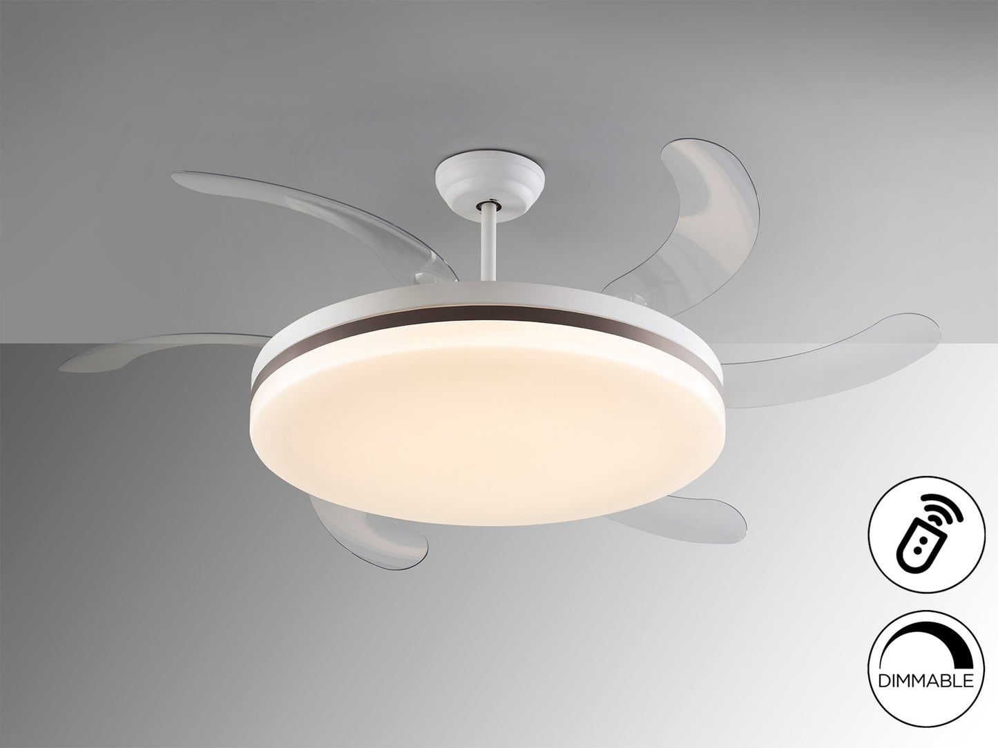 Ventilador de techo Vento Maxi blanco y bronce con aspas retráctiles, luz LED dimable, motor DC y diseño moderno para salón | Schuller (168434)