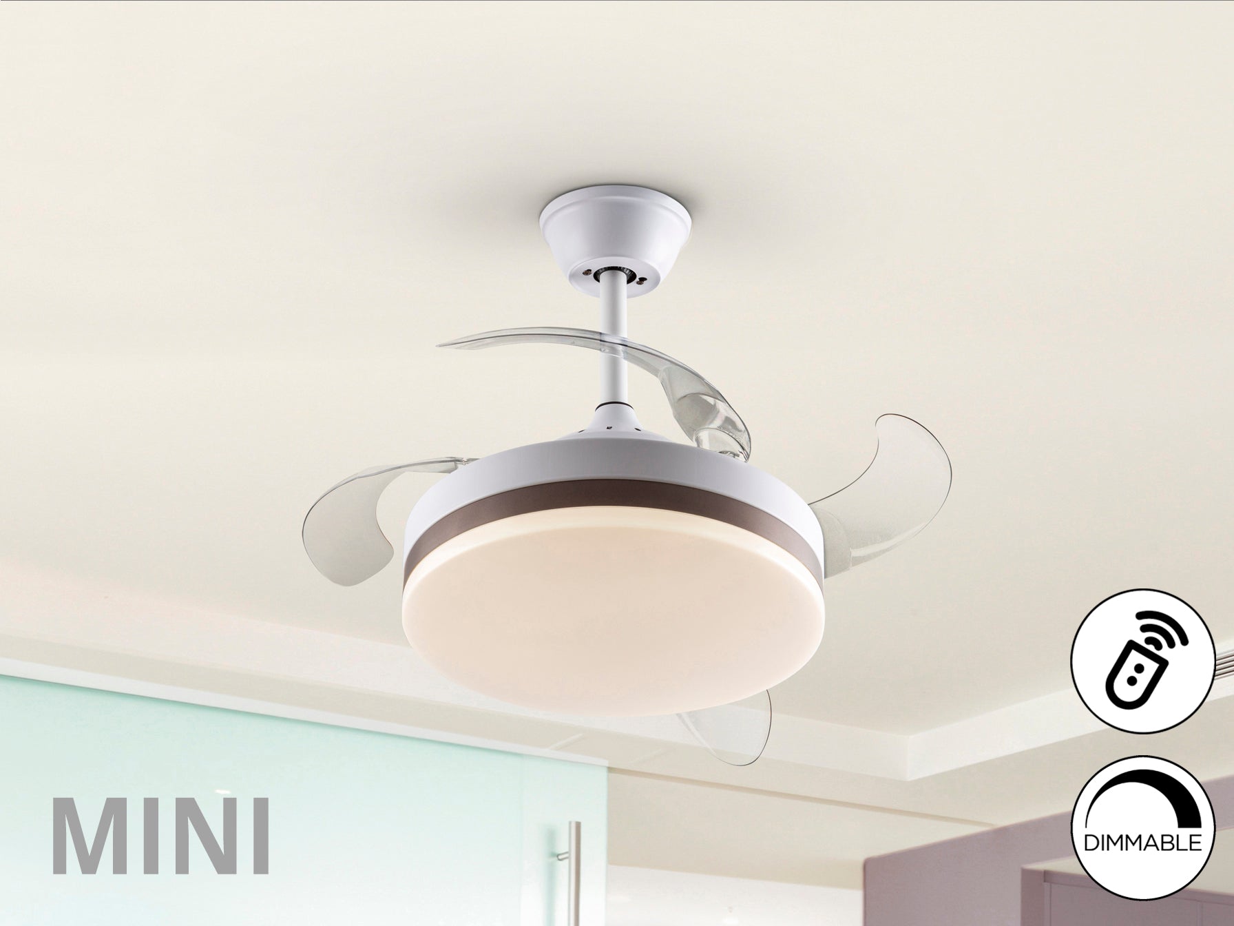 Ventilador de techo Vento Mini blanco y bronce Schuller con aspas escamoteables, 40cm, LED, motor DC, luz regulable ideal para dormitorio o salón. Incluye temporizador.