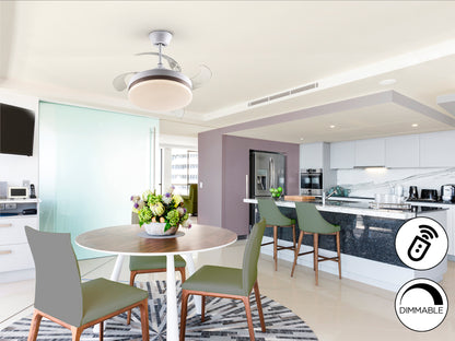 Ventilador de techo Vento Mini blanco y bronce Schuller con aspas escamoteables, 40cm, iluminación LED regulable, motor DC, temporizador. Ideal para dormitorio y salón.