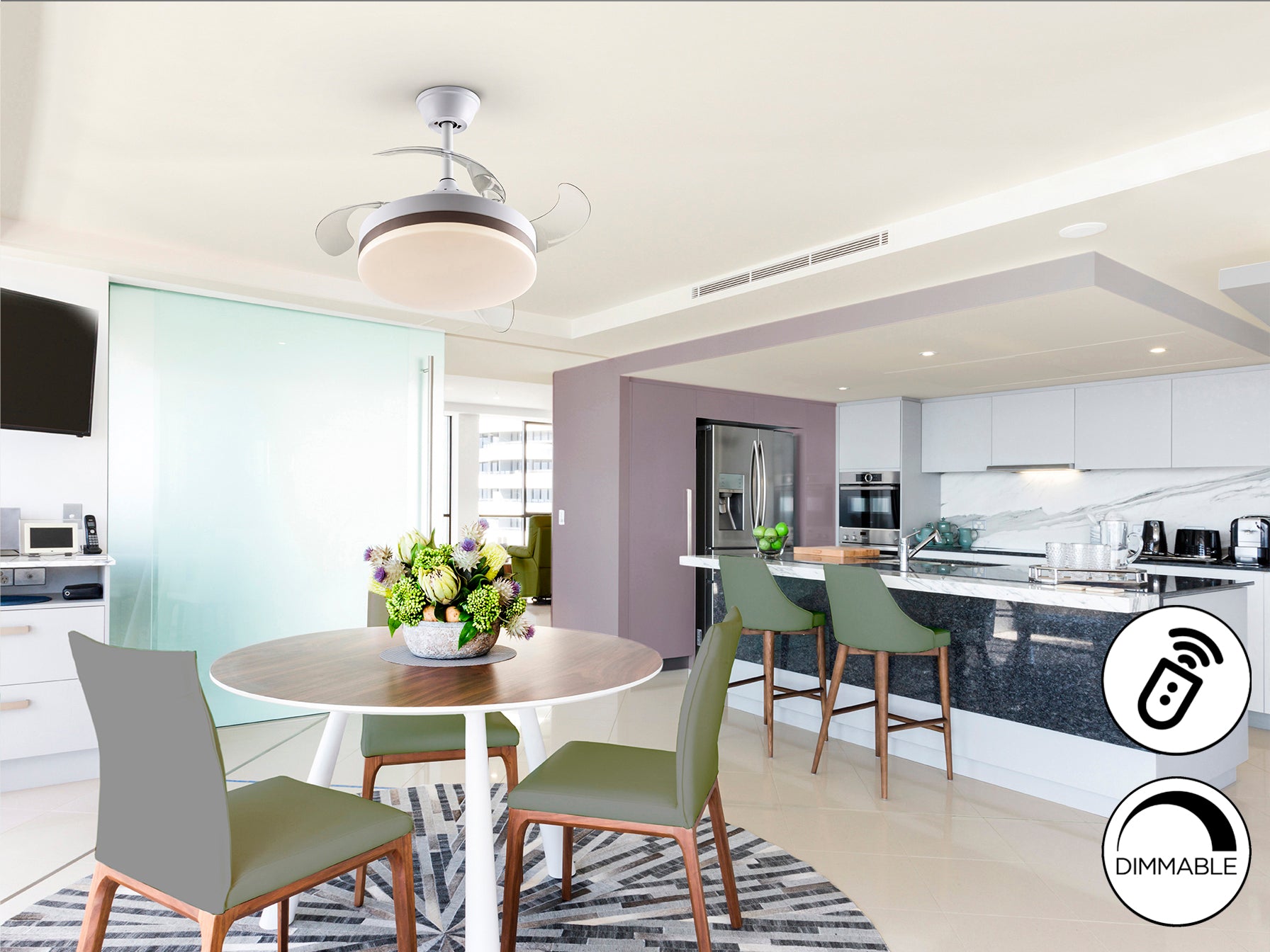 Ventilador de techo Vento Mini blanco y bronce Schuller con aspas escamoteables, luz LED regulable y temporizador, ideal para dormitorio o salón. Modelo 169204 con motor DC, 40cm, luzguru.