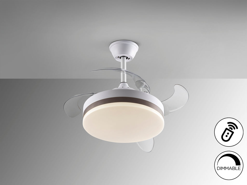 Ventilador de techo Vento Mini blanco y bronce Schuller con aspas escamoteables, 40cm, motor DC, luz LED regulable, temporizador. Ideal para dormitorio y salón.