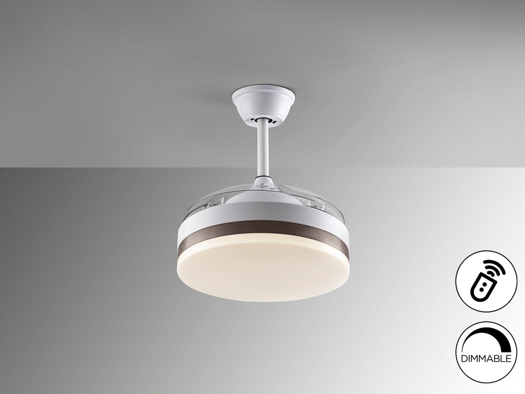 Ventilador de techo Vento Mini blanco y bronce Schuller con aspas escamoteables de 40cm, luz LED regulable, motor DC y temporizador, ideal para dormitorio y salón.