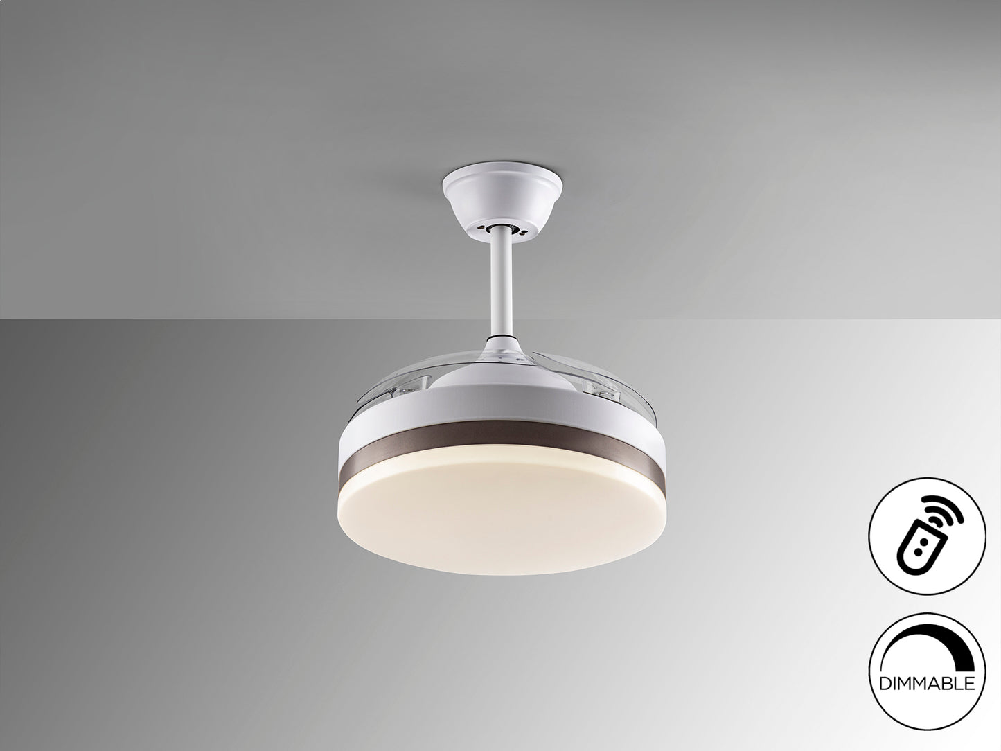 Ventilador de techo Vento Mini blanco y bronce Schuller con aspas escamoteables de 40cm, luz LED regulable, motor DC y temporizador, ideal para dormitorio y salón.