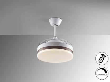 Ventilador de techo Vento Mini blanco y bronce Schuller con aspas escamoteables de 40cm, luz LED regulable, motor DC y temporizador, ideal para dormitorio y salón.