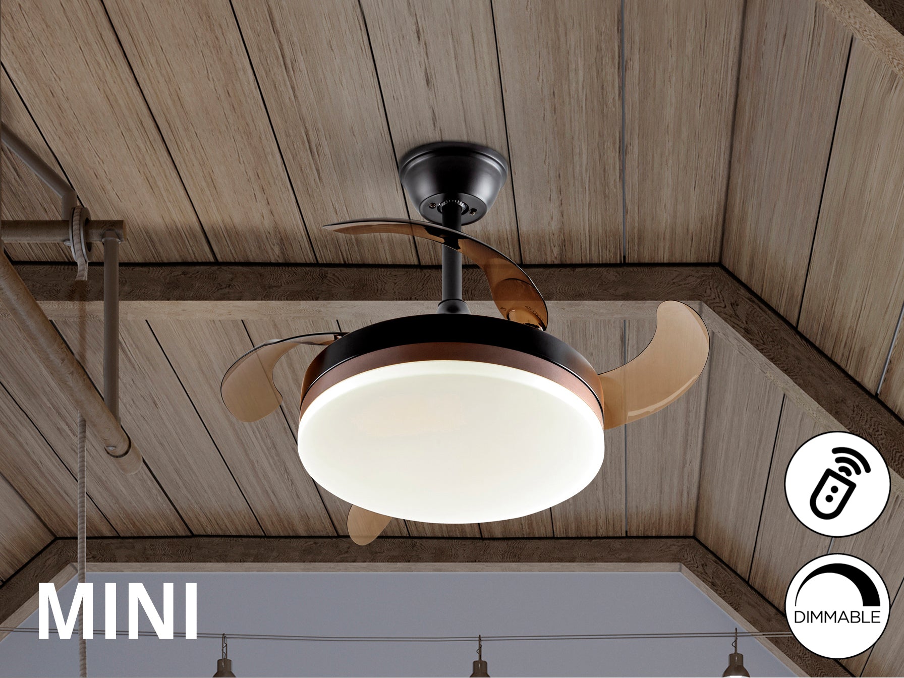 Ventilador de techo Vento Mini negro Schuller con aspas escamoteables, luz LED dimmable, motor DC y diseño moderno para dormitorio, salón y comedor. Estilo industrial-chic.