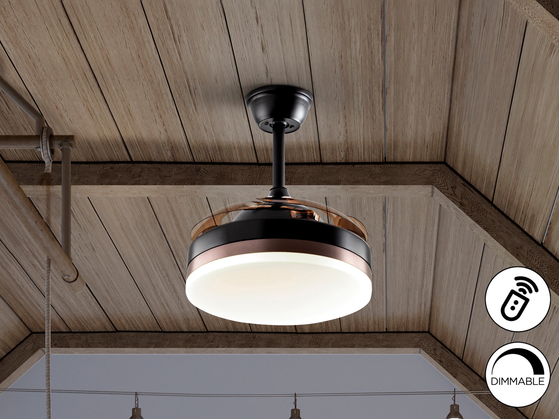 Ventilador de techo Vento Mini negro con aspas escamoteables y luz LED para dormitorio, salón o comedor, estilo moderno e industrial chic. Marca Schuller.