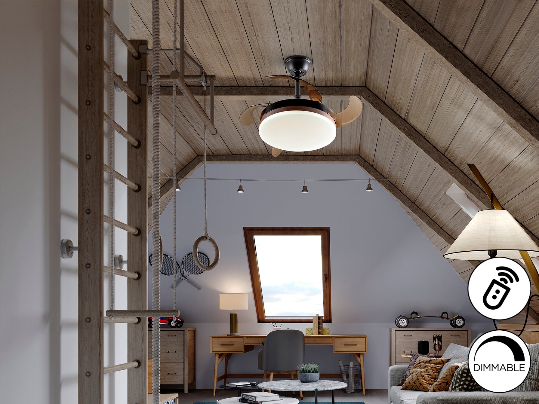 Ventilador de techo Vento Mini Negro Schuller con aspas escamoteables, luz LED regulable, motor DC, estilo moderno e industrial-chic ideal para comedor, dormitorio y salón.