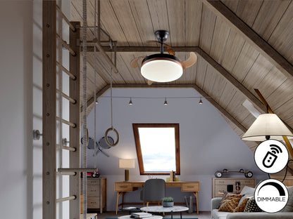 Ventilador de techo Vento Mini Negro Schuller con aspas escamoteables, luz LED regulable, motor DC, estilo moderno e industrial-chic ideal para comedor, dormitorio y salón.