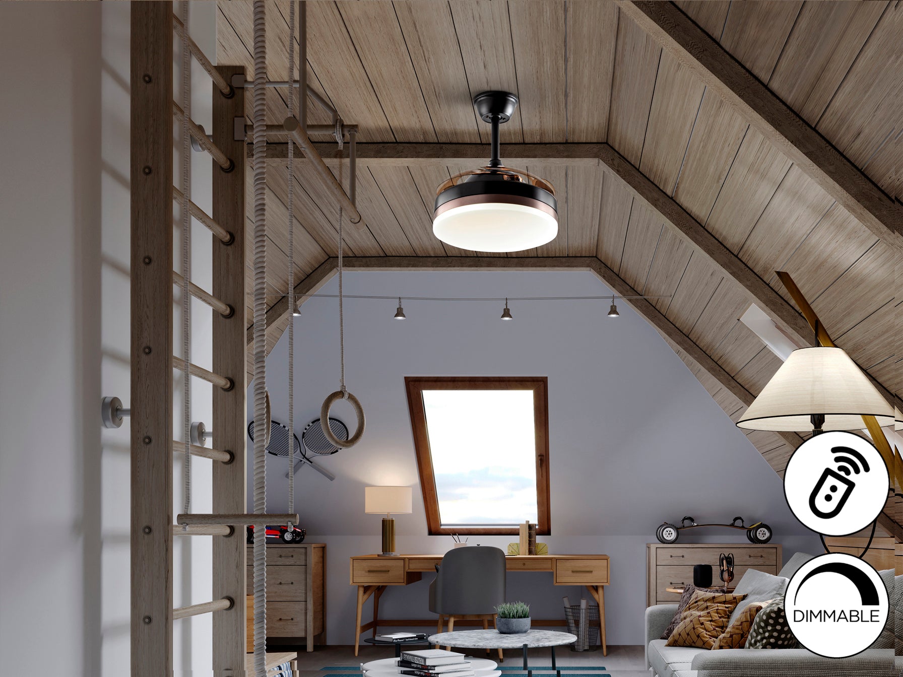 Ventilador de techo Vento Mini negro Schuller con aspas escamoteables y luz LED para dormitorio, salón o comedor de estilo moderno e industrial-chic. Motor DC.