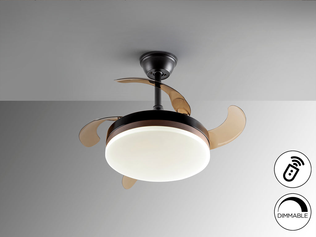 Ventilador de techo Vento Mini negro con aspas escamoteables y luz LED, ideal para comedor, dormitorio o salón. Diseño moderno y estilo industrial-chic de Schuller.