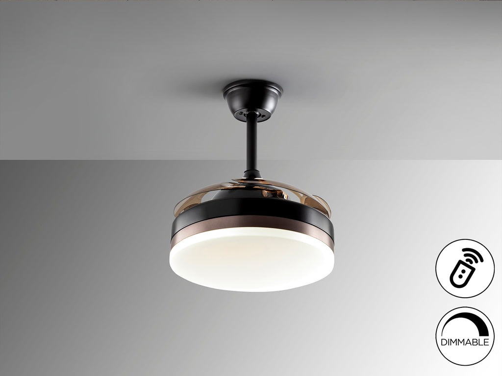 Ventilador de techo Vento Mini Negro Schuller con aspas escamoteables y luz LED regulable, ideal para salón, comedor o dormitorio de estilo moderno e industrial-chic. Motor DC eficiente.