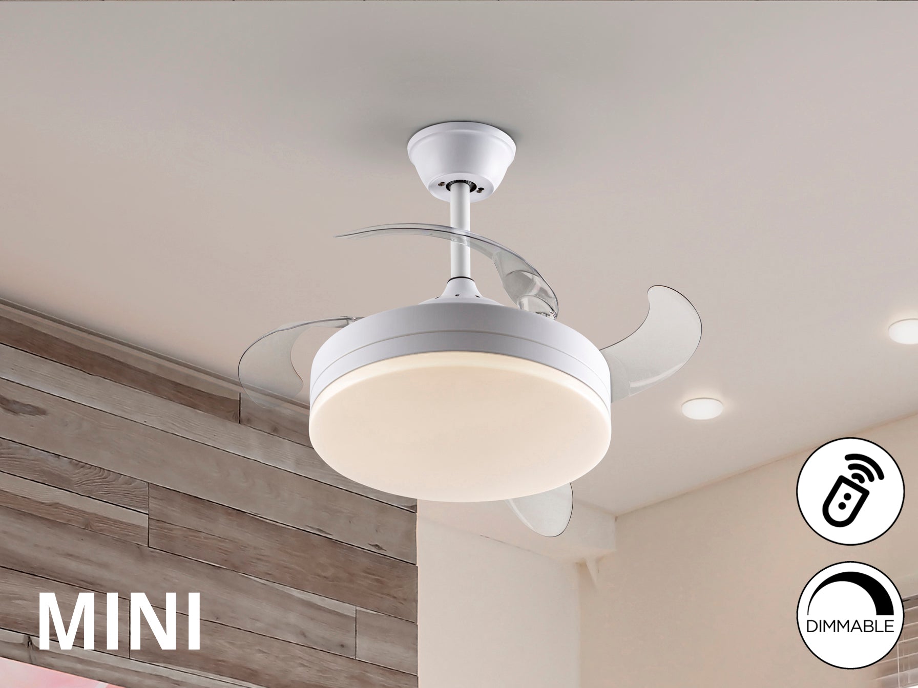 Ventilador de techo Vento Mini blanco mate Schuller con aspas retráctiles, luz LED regulable, motor DC silencioso y diseño moderno de 40cm ideal para espacios pequeños.