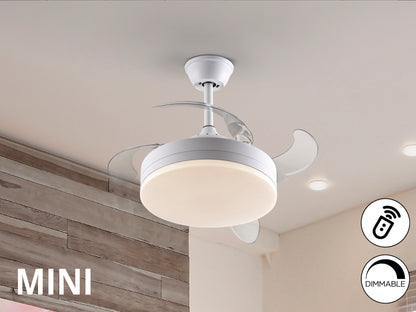 Ventilador de techo Vento Mini blanco mate Schuller con aspas retráctiles, luz LED regulable, motor DC silencioso y diseño moderno de 40cm ideal para espacios pequeños.