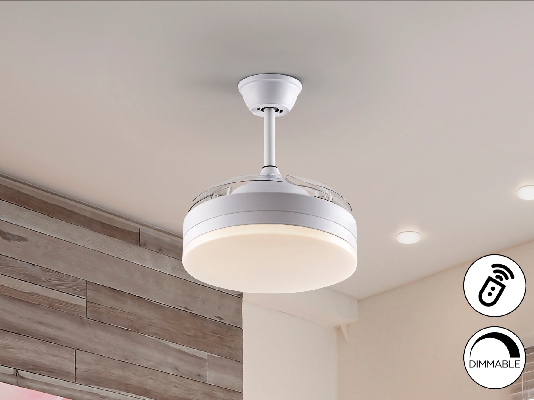 Ventilador de techo Vento Mini blanco mate Schuller con aspas retráctiles, luz LED regulable y motor DC silencioso de 40cm | 169228