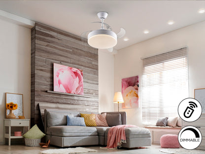 Ventilador de techo Vento Mini blanco mate Schuller con aspas retráctiles, luz LED regulable y motor DC silencioso. Ideal para espacios de 40cm.