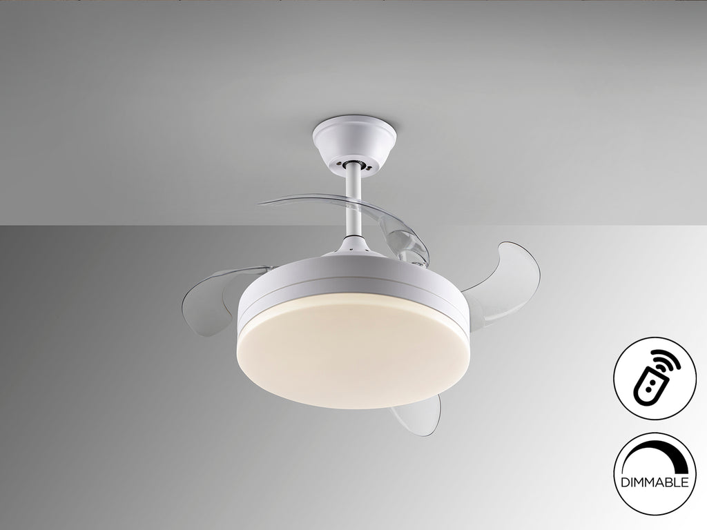 Ventilador de techo Vento Mini blanco mate Schuller con aspas retráctiles, luz LED regulable y motor DC silencioso de 40cm. Ideal para iluminación y ventilación eficiente.