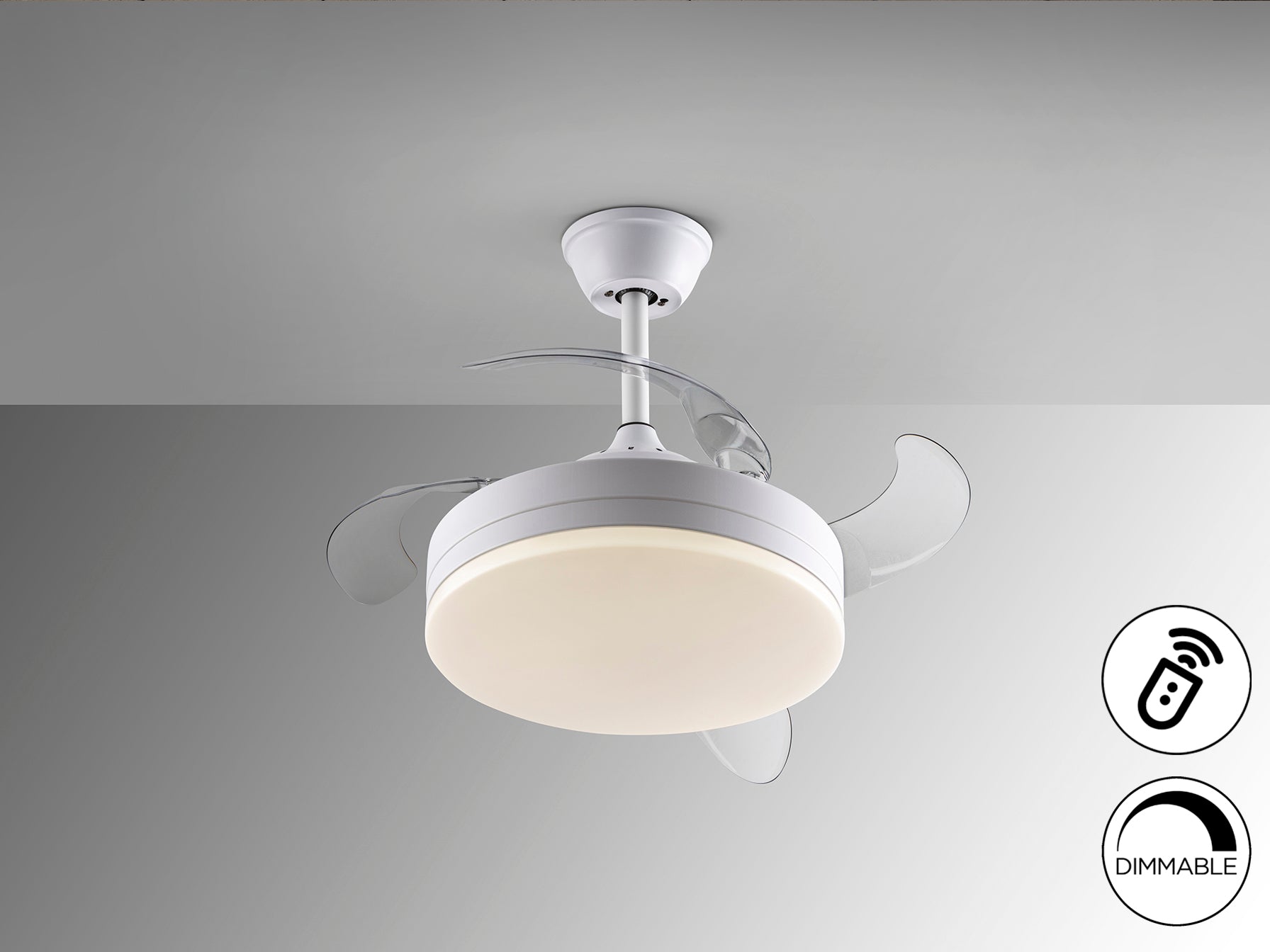 Ventilador de techo Vento Mini blanco mate Schuller con aspas retráctiles, luz LED regulable y motor DC silencioso de 40cm. Ideal para iluminación y ventilación eficiente.