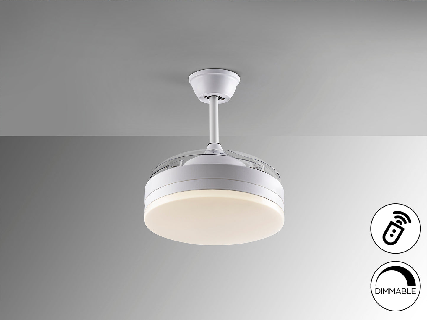 Ventilador de techo Vento Mini blanco mate con aspas retráctiles, luz LED regulable y motor DC silencioso de Schuller. Ideal para espacios pequeños, con 40cm y diseño moderno.