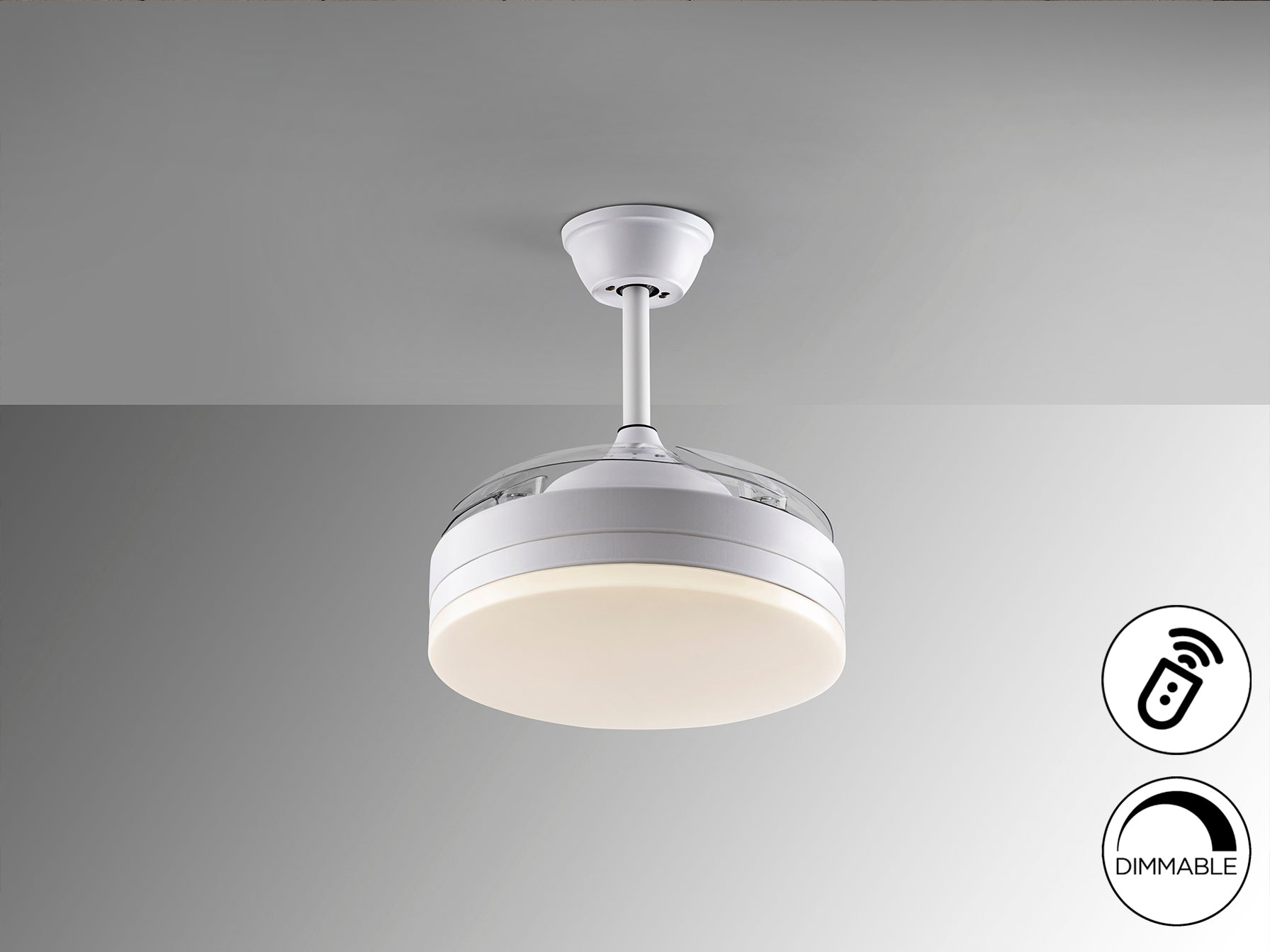 Ventilador de techo Vento Mini blanco mate con aspas retráctiles, luz LED regulable y motor DC silencioso de Schuller. Ideal para espacios pequeños, con 40cm y diseño moderno.