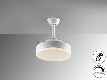 Ventilador de techo Vento Mini blanco mate con aspas retráctiles, luz LED regulable y motor DC silencioso de Schuller. Ideal para espacios pequeños, con 40cm y diseño moderno.