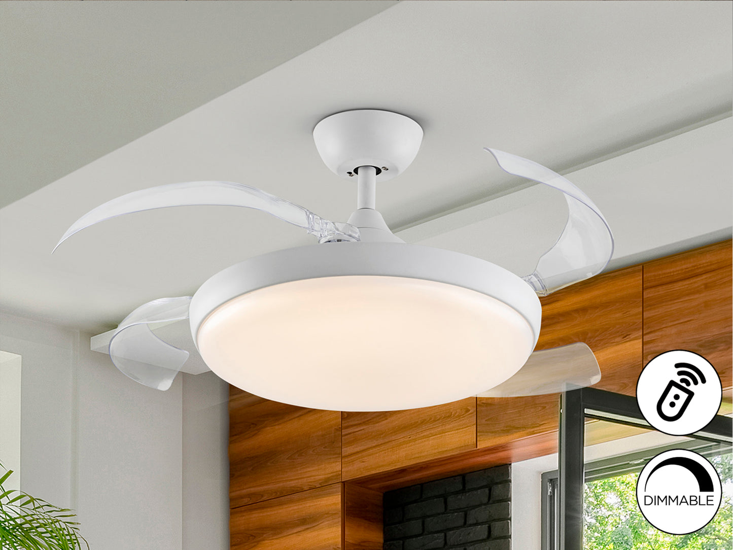 Ventilador de techo Venturi blanco con aspas escamoteables, iluminación LED dimable y motor DC para climatización moderna del hogar | Schuller 169523