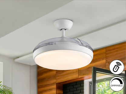 Ventilador de techo Venturi blanco con aspas escamoteables, luz LED dimable y motor DC, ideal para la climatización moderna del hogar. Marca Schuller.
