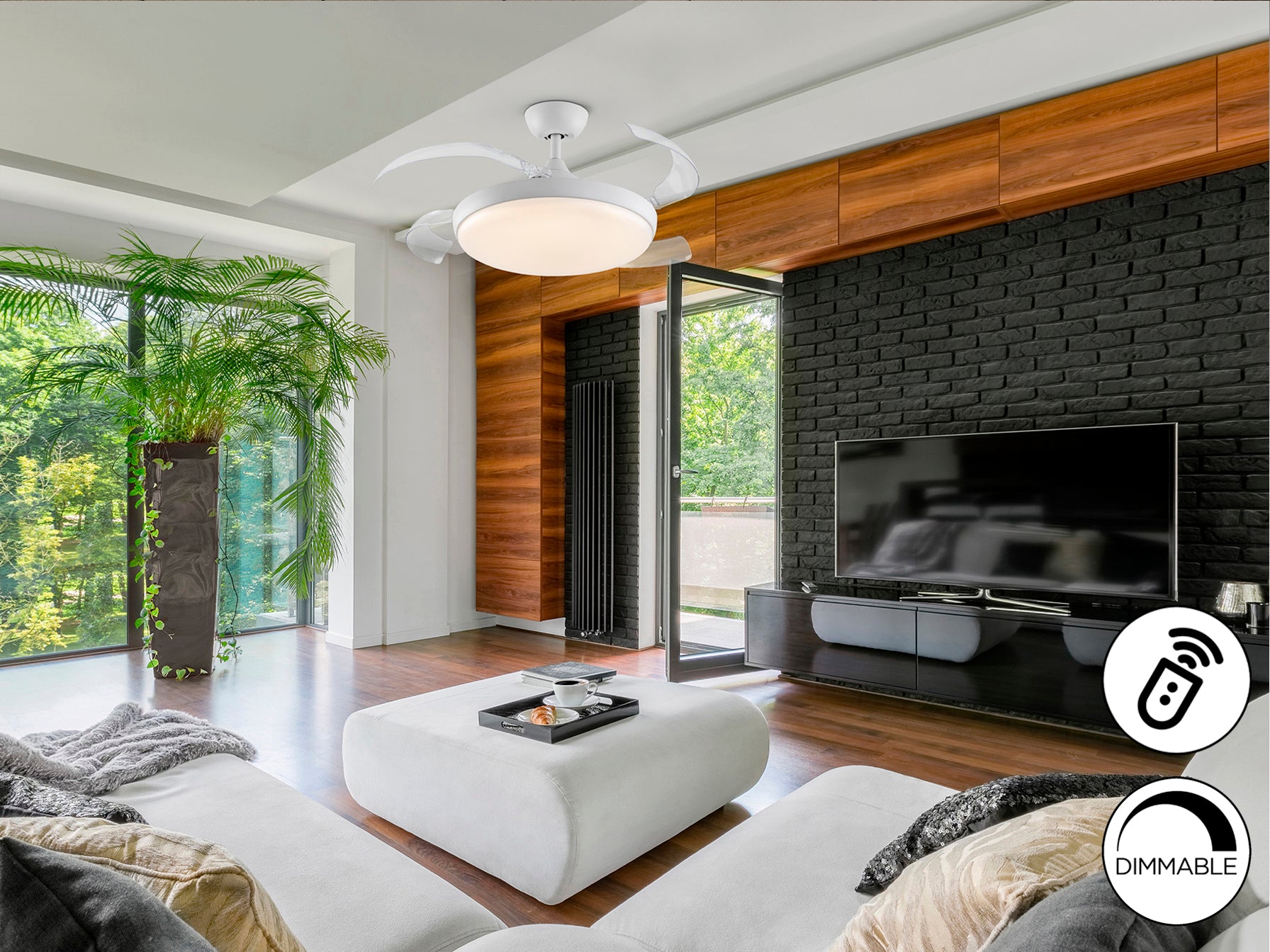 Ventilador de techo Venturi blanco con aspas escamoteables y LED dimable, ideal para iluminación moderna y climatización del hogar. Motor DC de bajo consumo. Marca Schuller. Modelo 169523.