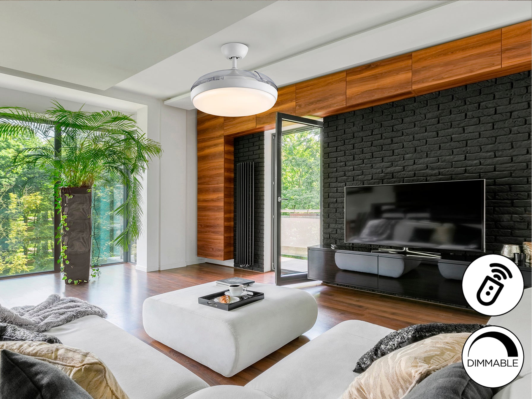 Ventilador de techo Venturi blanco con aspas escamoteables, LED dimable y motor DC, ideal para la climatización y la iluminación moderna del salón. Producto de Schuller.