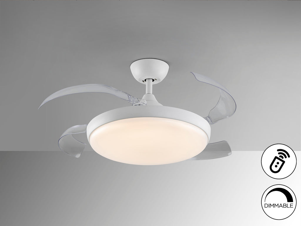 Ventilador de techo Venturi blanco con aspas escamoteables, iluminación LED dimable y motor DC de Schuller para climatización y decoración moderna del salón.