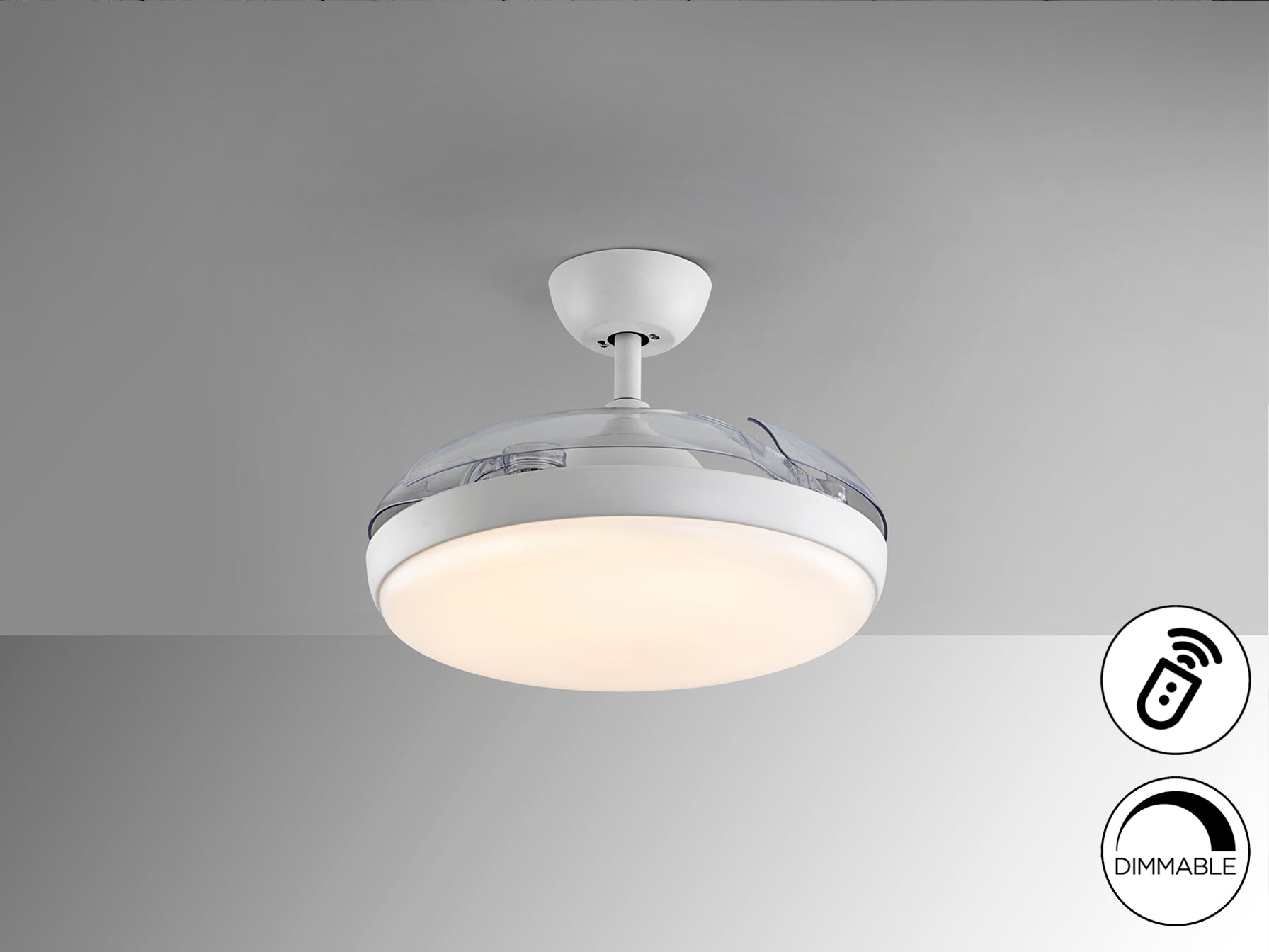 Ventilador de techo Venturi blanco con aspas escamoteables, LED dimable y motor DC. Ideal para la climatización e iluminación moderna del salón. Marca Schuller.