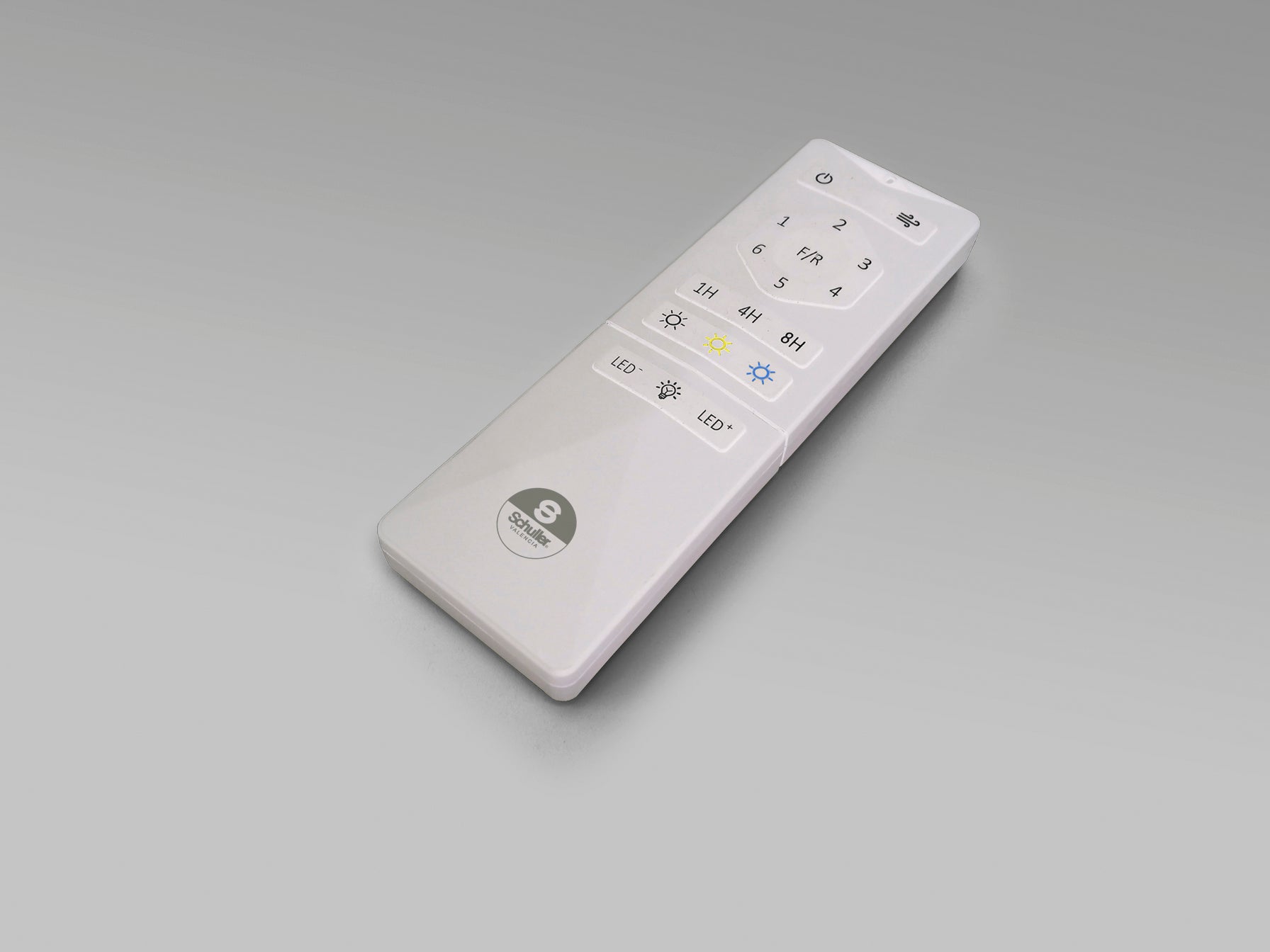 Ventilador de techo Venturi blanco con aspas escamoteables, luz LED dimable y motor DC, ideal para la climatización y la iluminación moderna del salón. Marca Schuller.