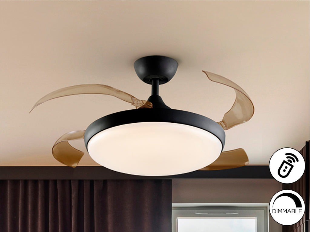 Ventilador de techo Venturi negro de Schuller con aspas escamoteables, diseño moderno, motor DC y luz LED dimable, ideal para salón.