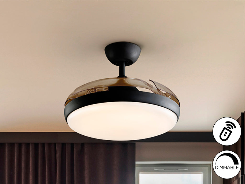 Ventilador de techo Venturi negro con aspas escamoteables, luz LED dimable y motor DC ideal para salón. Diseño moderno de Schuller, modelo 169547.