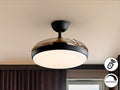 Ventilador de techo Venturi negro con aspas escamoteables, luz LED dimable y motor DC ideal para salón. Diseño moderno de Schuller, modelo 169547.