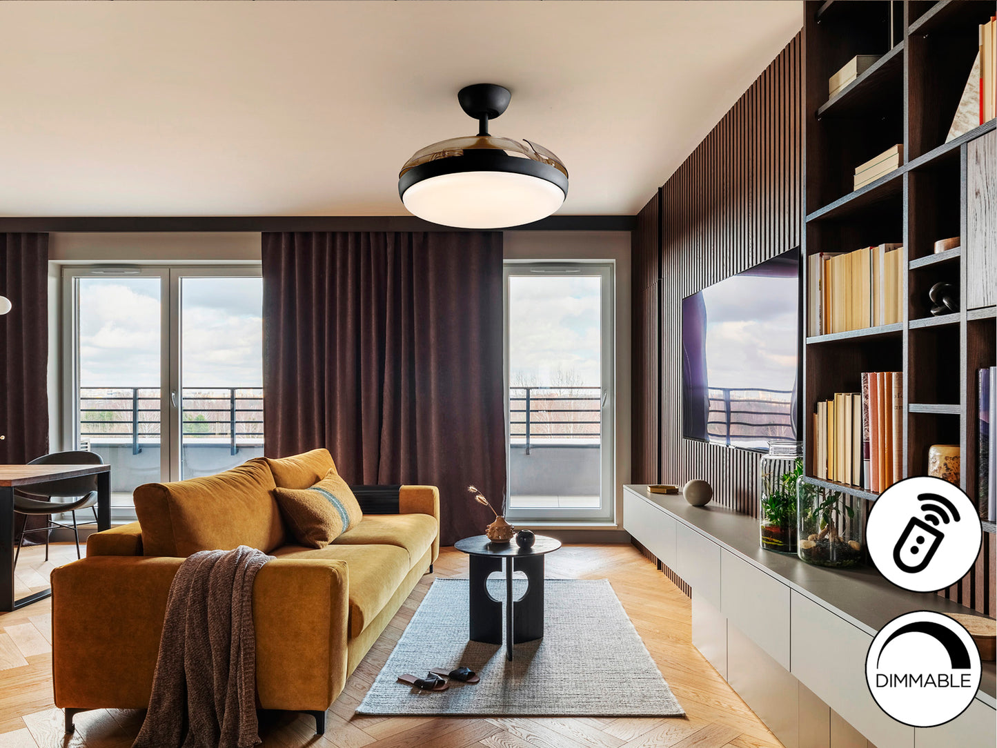 Ventilador de techo Venturi negro con aspas escamoteables, LED dimable y motor DC para salón moderno | Schuller 169547