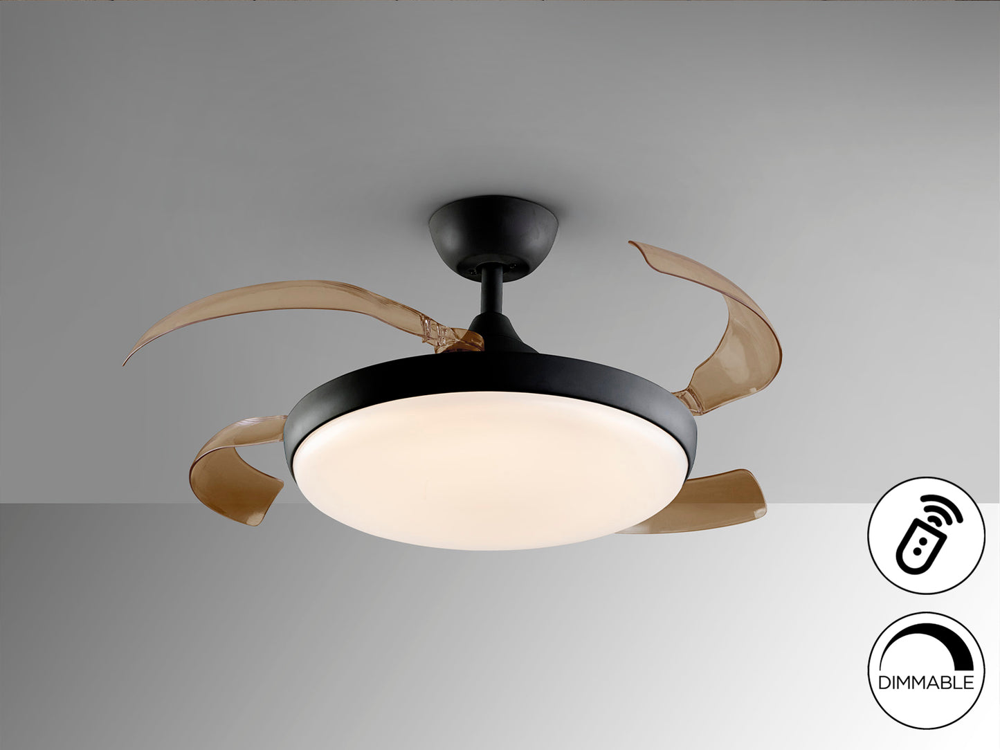 Ventilador de techo Venturi negro con aspas escamoteables, moderno y de estilo industrial, ideal para salón. Incluye motor DC, LED dimable y detalles en metal y acrílico. Producto Schuller (169547).