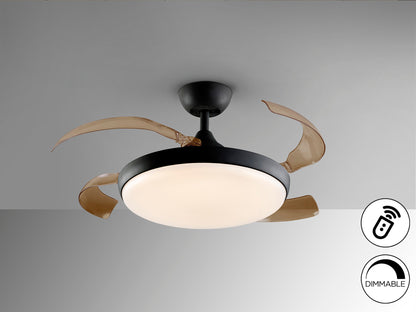 Ventilador de techo Venturi negro con aspas escamoteables, moderno y de estilo industrial, ideal para salón. Incluye motor DC, LED dimable y detalles en metal y acrílico. Producto Schuller (169547).