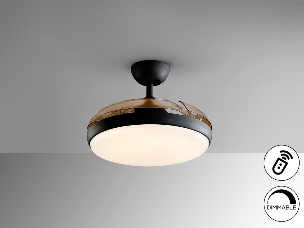 Ventilador de techo Venturi negro con aspas escamoteables, moderno y LED dimable ideal para salón. Marca Schuller, modelo 169547. Diseño industrial en metal y acrílico con motor DC.