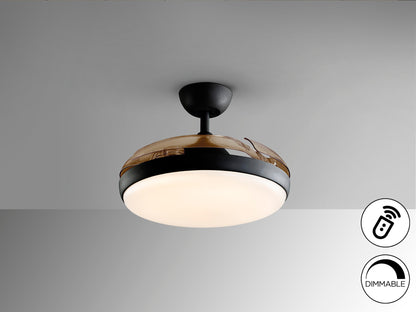 Ventilador de techo Venturi negro con aspas escamoteables, moderno y LED dimable ideal para salón. Marca Schuller, modelo 169547. Diseño industrial en metal y acrílico con motor DC.