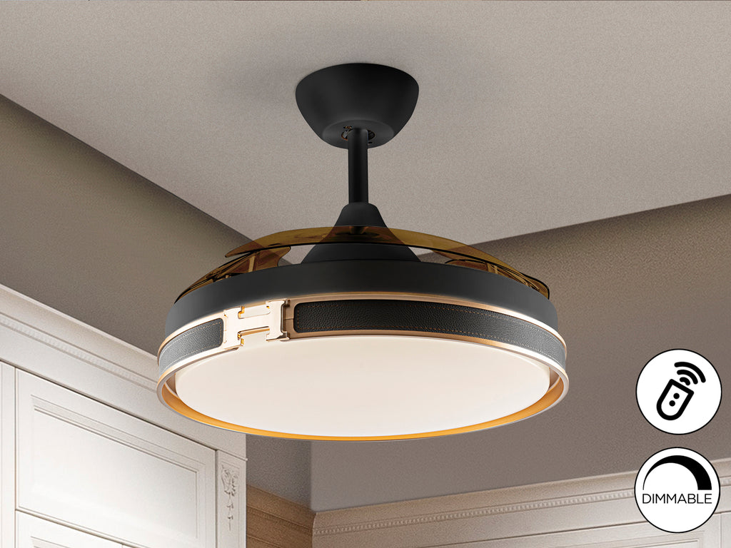 Ventilador de techo HERON negro y oro de Schuller en dormitorio o salón moderno, con LED dimmable y detalles metálicos dorados. Modelo 175197D.