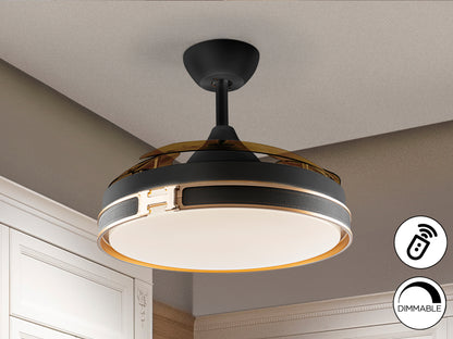 Ventilador de techo HERON negro y oro de Schuller en dormitorio o salón moderno, con LED dimmable y detalles metálicos dorados. Modelo 175197D.
