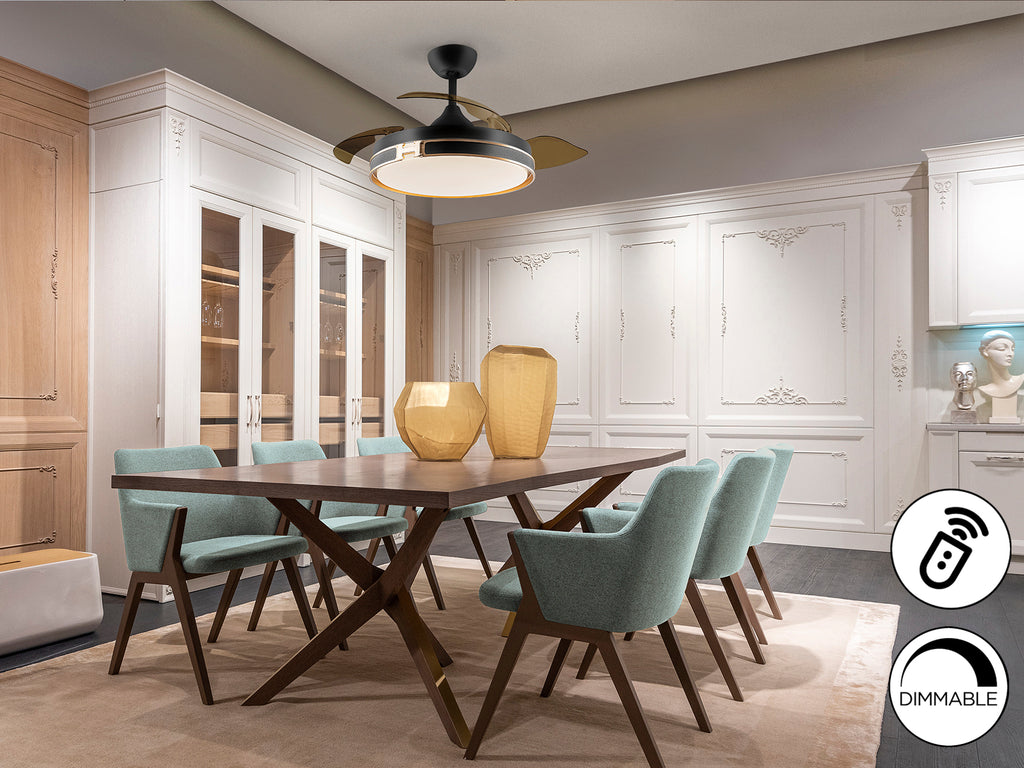 Ventilador de techo Heron negro y dorado de Schuller en dormitorio moderno, con luz LED dimmable y aspas metálicas.