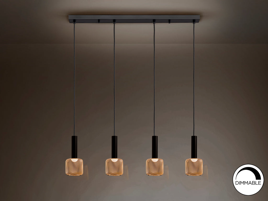 Lámpara de techo Sincro negra y oro de Schuller (175395) para salón comedor. Diseño moderno con 4 luces LED dimmables, metal y acrílico.