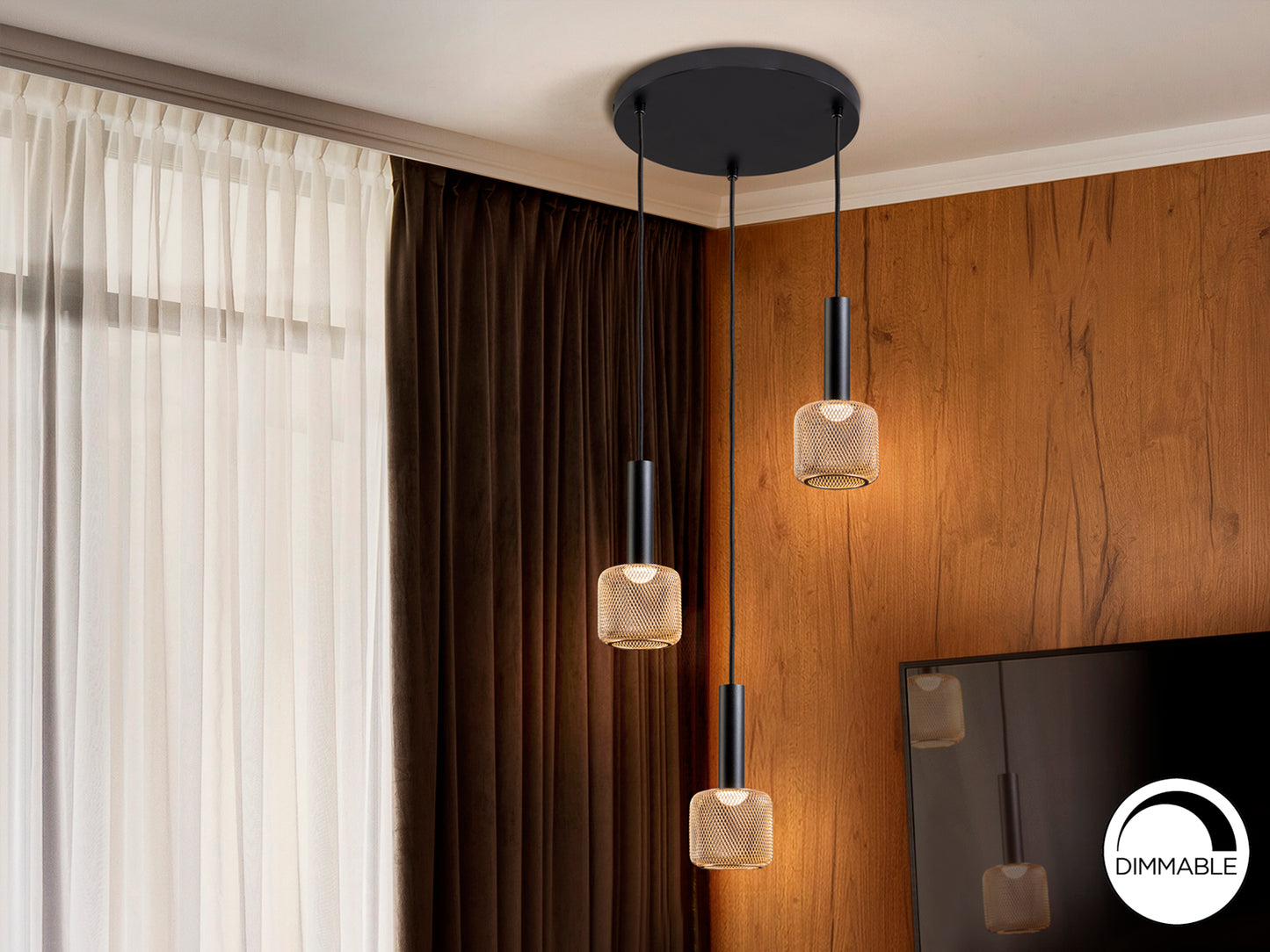 Lámpara colgante Sincro negro y oro de Schuller, diseño moderno con LED dimable, ideal para comedor y salón. Fabricada en metal y acrílico. Modelo 175470.