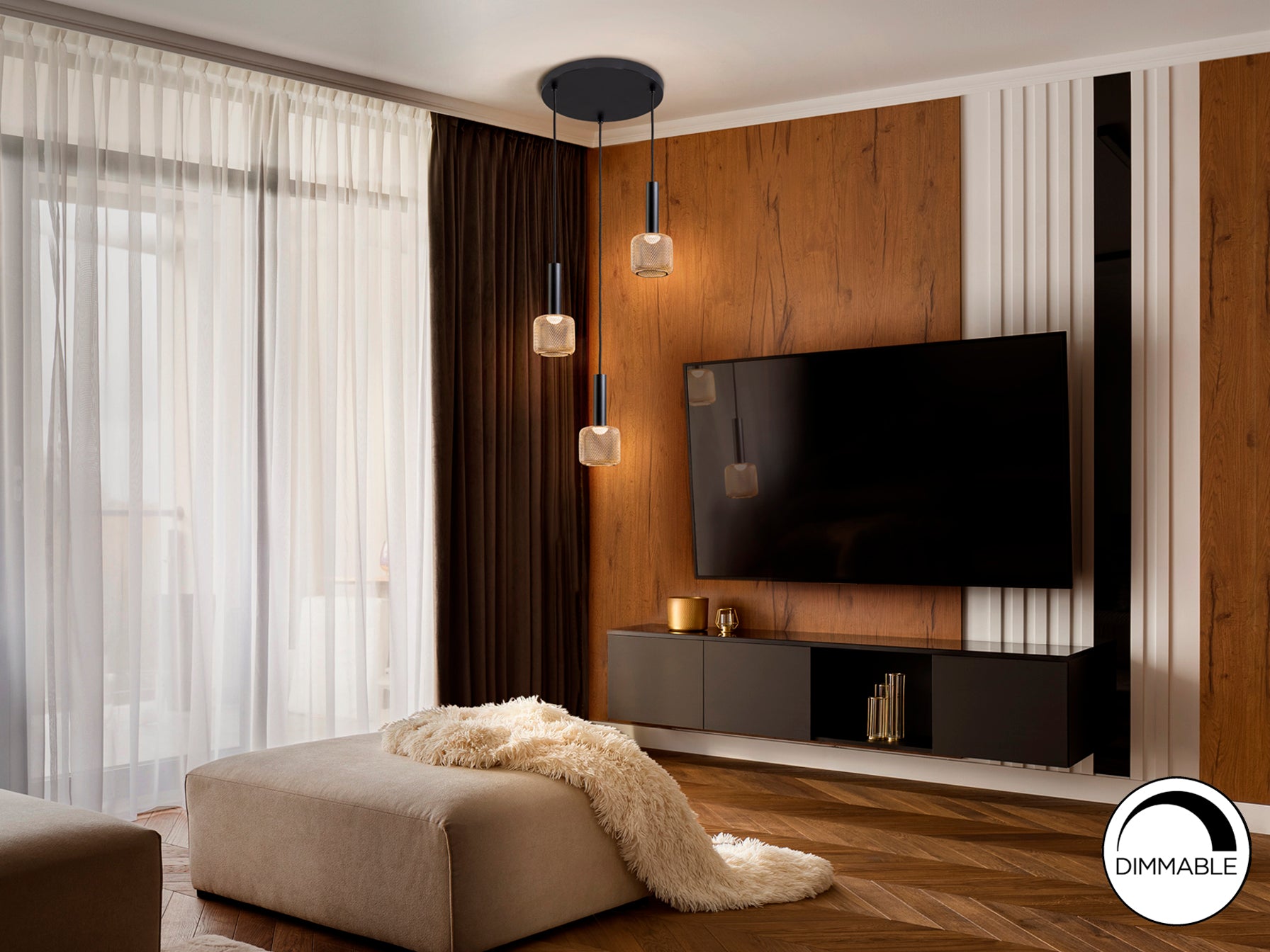 Lámpara colgante Sincro negro y oro de Schuller (175470) en salón moderno, con LED dimable, acrílico y metal, ideal para comedor.