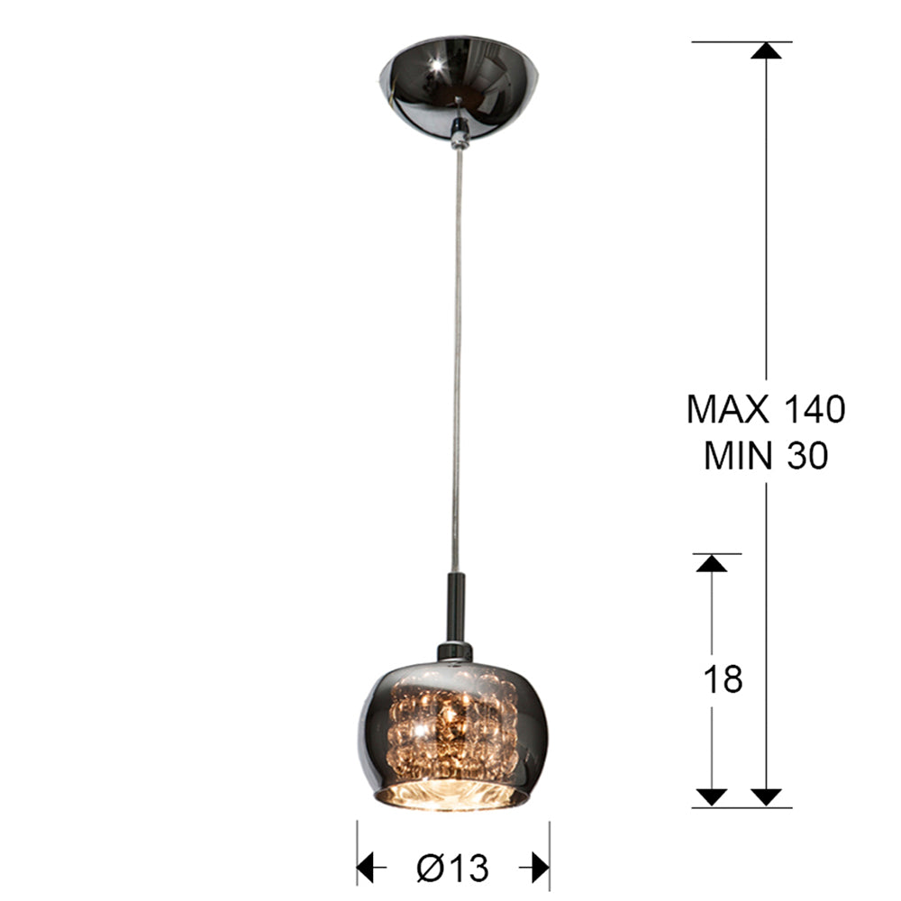 Medidas de Lámpara colgante Arián de acero con brillo espejado para comedor o salón, diseño moderno de Schuller con luz G9 y detalles de cristal.